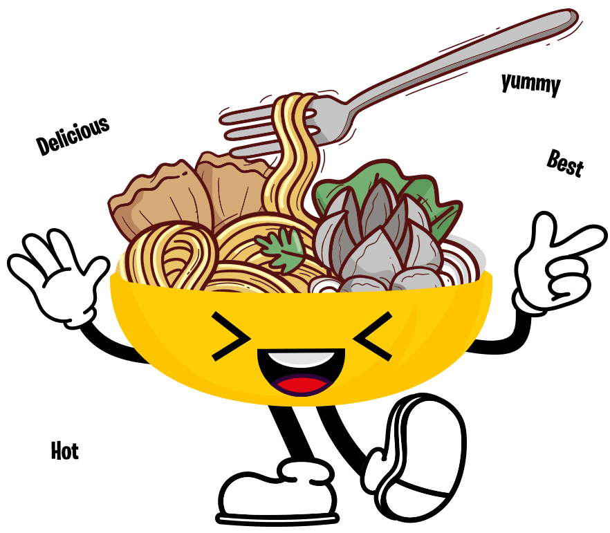 The image features a cheerful and playful illustration of a bowl of noodles with a cartoon-style face. The bowl is bright yellow and has an expressive, happy expression with closed, smiling eyes and an open mouth, showing excitement and enjoyment. Inside the bowl, there are neatly arranged noodles being lifted by a fork, along with dumplings and vegetables, making the dish look rich and appetizing. The food is illustrated with warm, inviting colors that emphasize its freshness and flavor. Surrounding the bowl are small speech bubbles with words like “Delicious,” “Yummy,” “Best,” and “Hot,” highlighting the taste and appeal of the dish. The bowl also has animated hands and feet, adding personality and making it feel lively and fun.